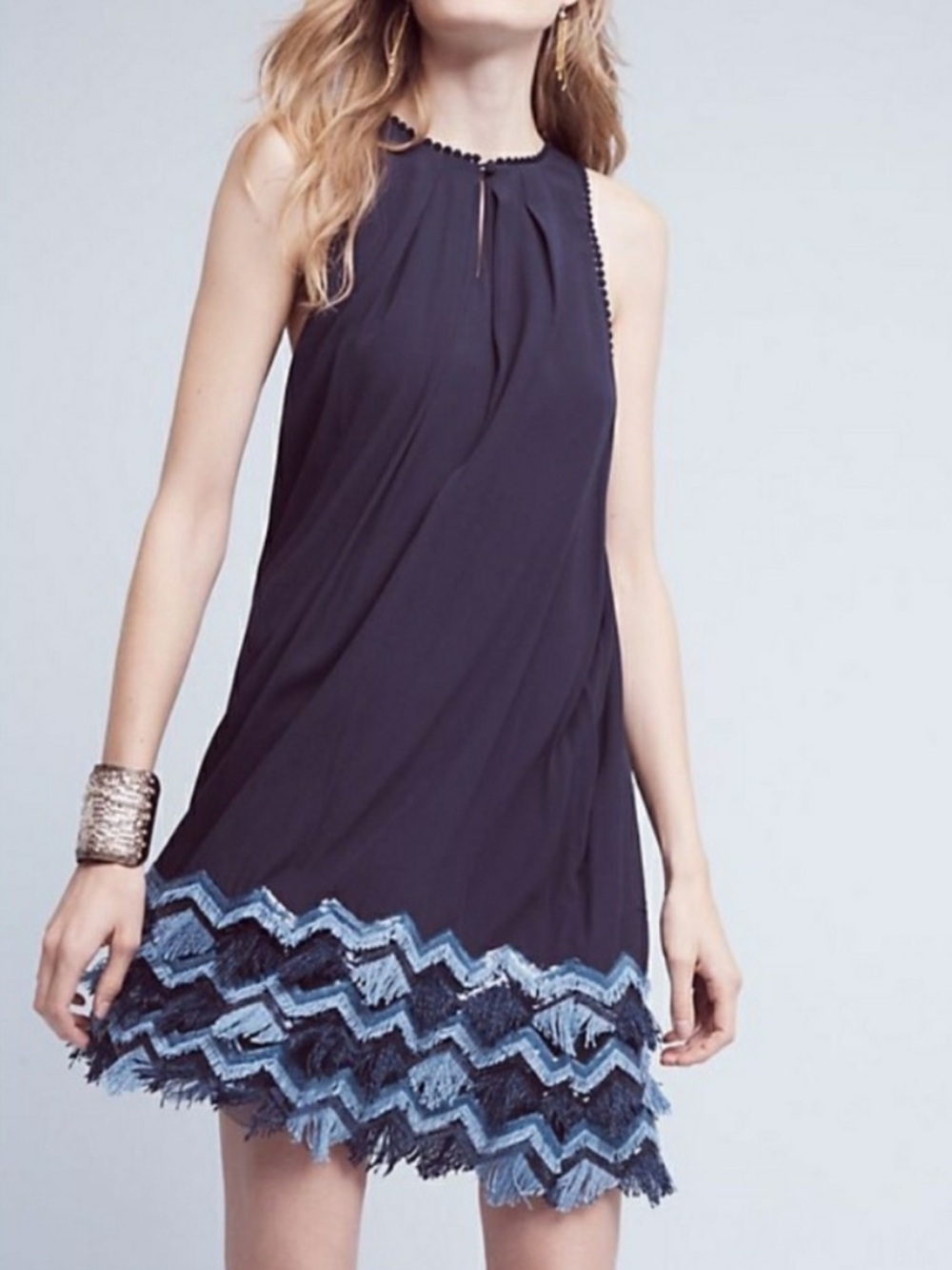 Anthropologie Maeve Festivity Fringe Swing Dress Navy Sequin Shift US 6
